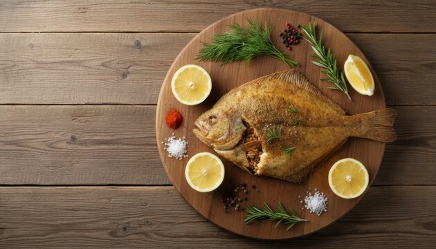 Whole baked flounder with lemon rosemary and spices on wooden board for seafood background and rustic dinner presentation