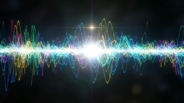 Colorful sound frequency visualization with bright light on dark background