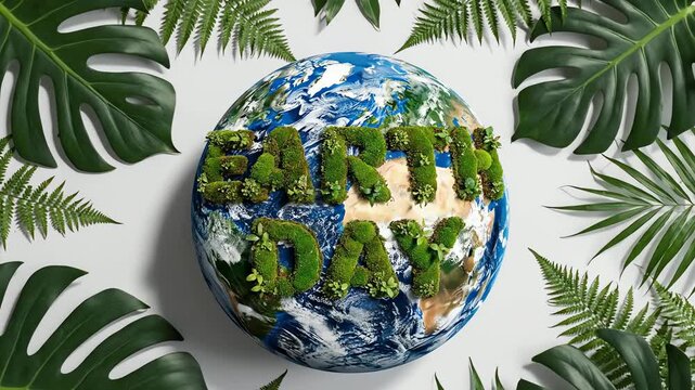 A vibrant flat lay of planet earth with "earth day" in green moss, surrounded by lush tropical leaves on white.