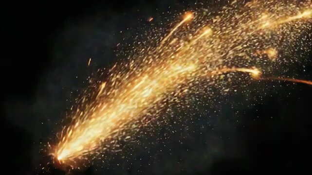 Golden sparks and glowing embers shooting in a dynamic motion trail against a dark black background during industrial work or fireworks