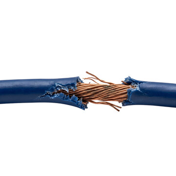 stripped wire with exposed copper strands and rubber insulation, electrical cable with bare conductors, wiring component isolated on transparent background PNG