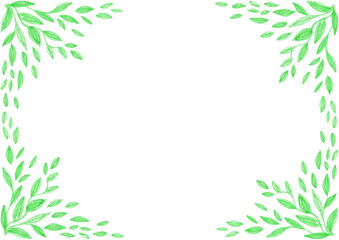 Obraz premium Frame. From the left and right sides there are patterns consisting of leaves of different sizes. Green color. Drawing with colored pencils. White copy space. Invitation, postcard, certificate.
