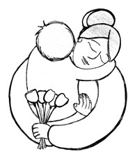 Obraz premium Minimalist line art illustration of a mother hugging a child with a bouquet of flowers. Ink drawing about motherhood, love, and greeting. Perfect for Mother's Day cards or family concepts.
