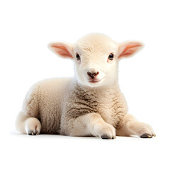 Fototapeta premium Cute fluffy white baby lamb resting isolated on a white background