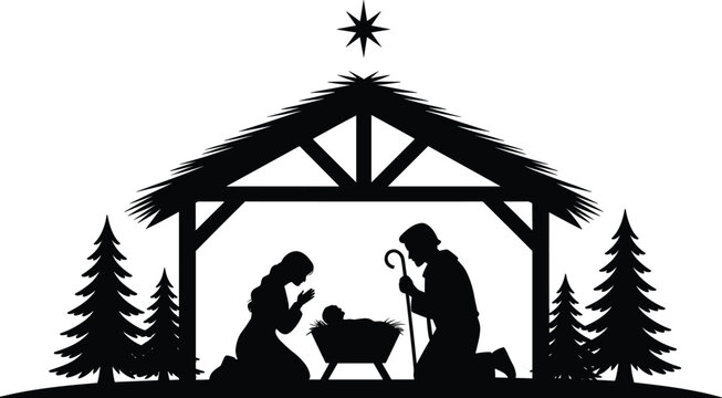 Nativity silhouette scene Christmas manger star Bethlehem holy family religious tradition vector illustration artwork design collection