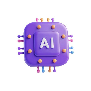 Artificial Intelligence AI computer chip 3D icon, purple microprocessor with circuit pins, futuristic technology hardware for machine learning