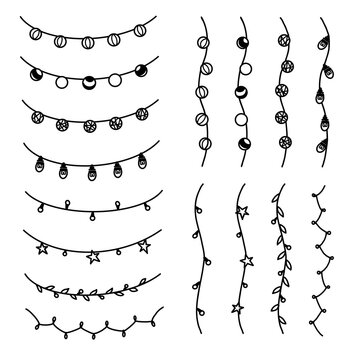 Hand drawn string lights set vector illustration, black and white doodle fairy lights collection