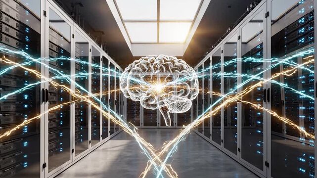 Digital brain with energy streams in server room datacenter corridor. Artificial intelligence and machine learning neural network computing infrastructure. Ai deep data processing and smart technology