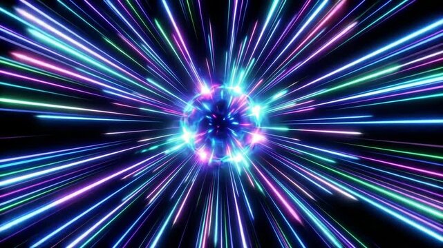 Abstract futuristic neon light tunnel with glowing blue and purple streaks moving at warp speed through deep space