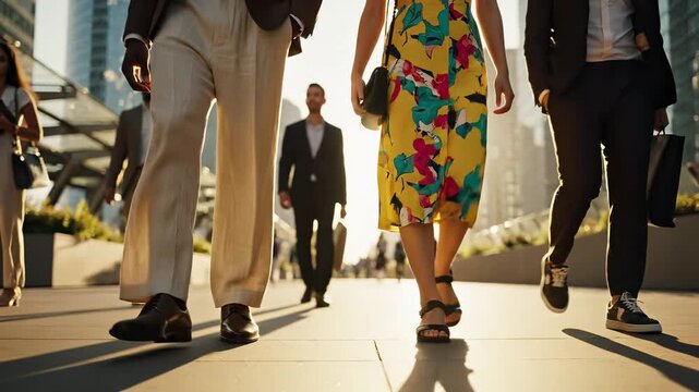 Of pedestrians walking on urban city street sidewalk with skyscrapers in background at golden hour. Diverse crowd commuting in downtown business district. Lifestyle and fashion pedestrian rush outdoor