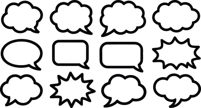 Collection of black and white speech bubbles on a plain white background for dialogue and communication design
