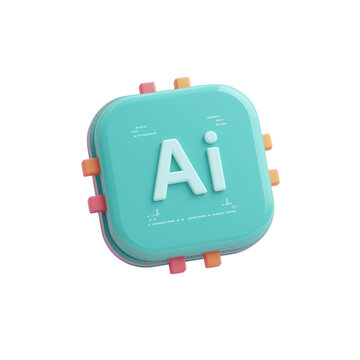 3D AI processor chip icon, artificial intelligence hardware module in turquoise, futuristic microchip for machine learning and tech interfaces