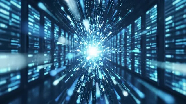 Speed data particle burst in digital server room corridor with rack units. Fast transmission and network computing infrastructure visualization. Futuristic datacenter technology and information