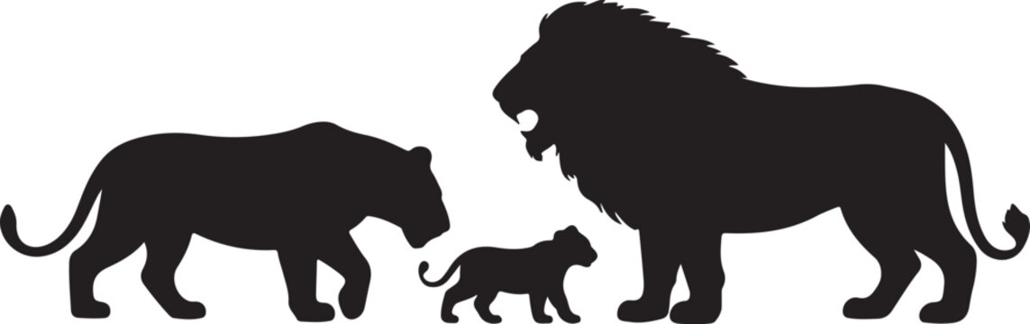 lion family lioness cub silhouette black white vector illustration