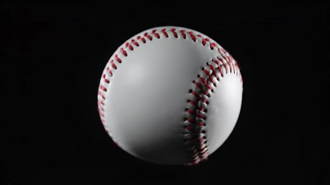 Baseball in motion with red stitching set against dark background in studio shot