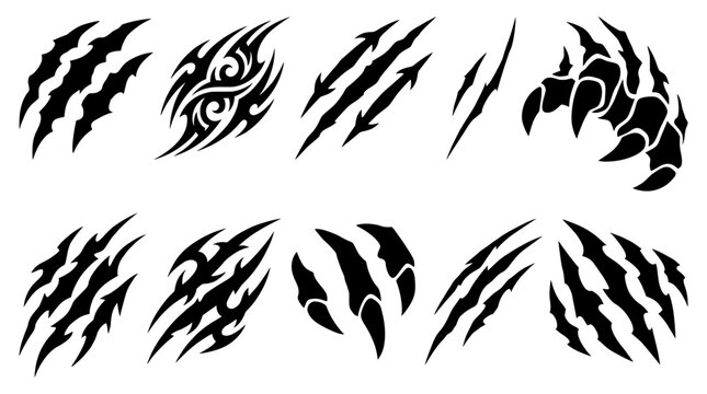 Black and white vector set of tribal beast claw scratches and torn monster slash marks. Ideal for wildlife animal attack graphics and tattoo designs