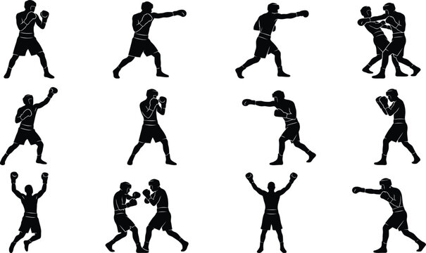 Boxers in various fighting and training poses black silhouettes on white background dynamic movements