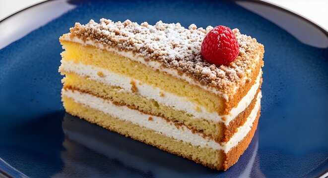 A triangular slice of layered vanilla cake with cream filling, dusted with sugar and topped with a raspberry.