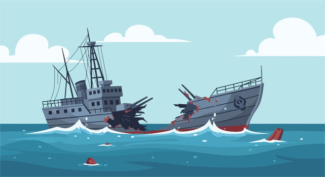 A cartoon illustration of a large grey ship broken in two pieces and sinking in the blue ocean under a cloudy sky.