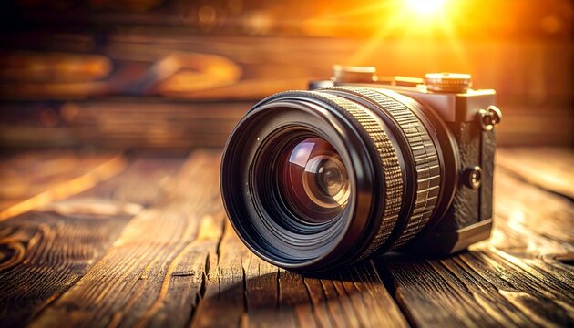 A professional camera with a large lens sits on a wooden table indoors.