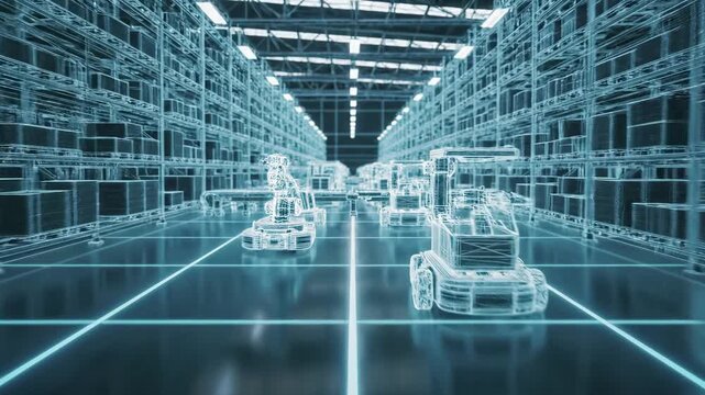 Digital wireframe warehouse with autonomous robotic vehicles and arms in automated storage facility. Smart logistics distribution center and agv automation system. technology and supply chain