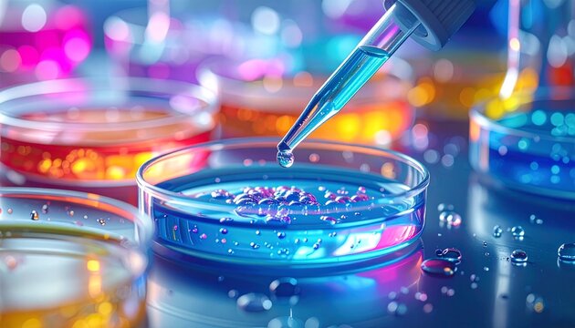 Scientist carefully adding blue liquid from pipette to petri dish with colorful samples in lab