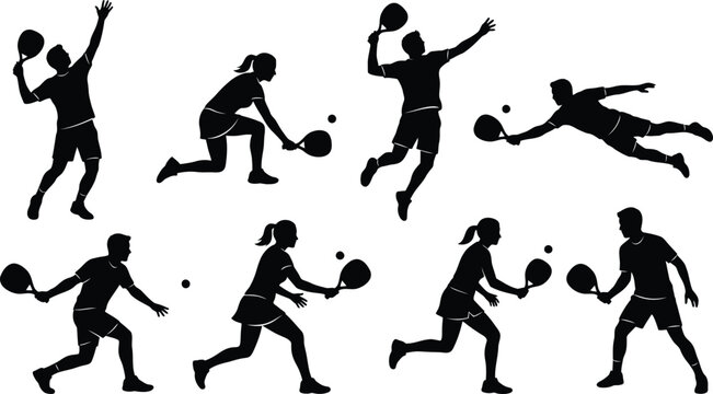 Black silhouettes of people playing pickleball in various dynamic poses on white background