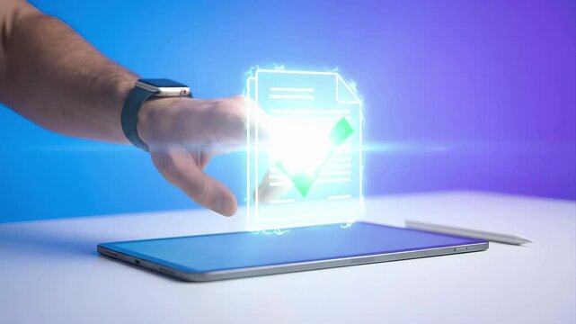 Hand touching glowing digital document with checkmark above tablet on desk. Approval and electronic contract verification technology. Business paperless compliance and certified signing interface