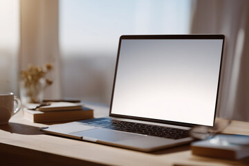 Fototapeta premium A laptop on a desk, a minimalistic workspace