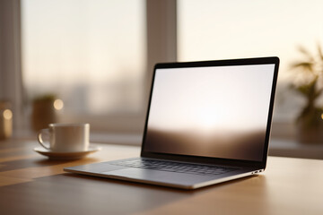 Fototapeta premium Laptop on a wooden table, with coffee cup, overlooking a bright background