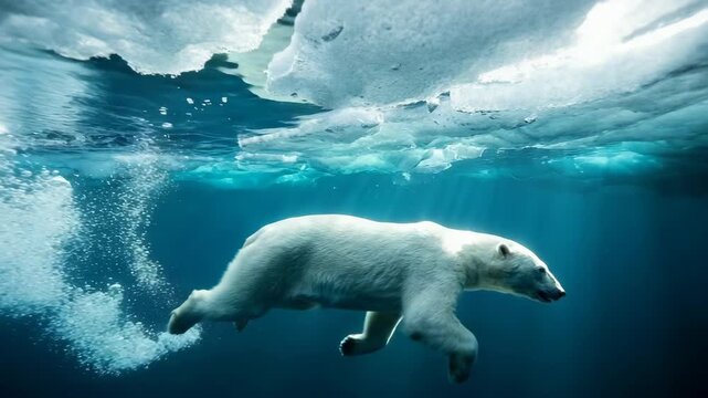 Large polar bear swimming underwater in the blue arctic ocean beneath melting ice floes