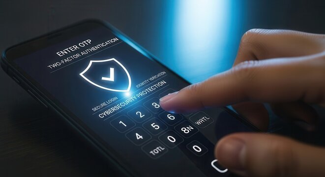 Hand entering a one time password (OTP) on a smartphone with a security shield icon, representing two factor authentication, secure login, identity verification, and cybersecurity protection.