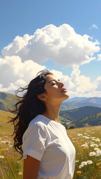 A woman in a white shirt stands in a field with her eyes closed