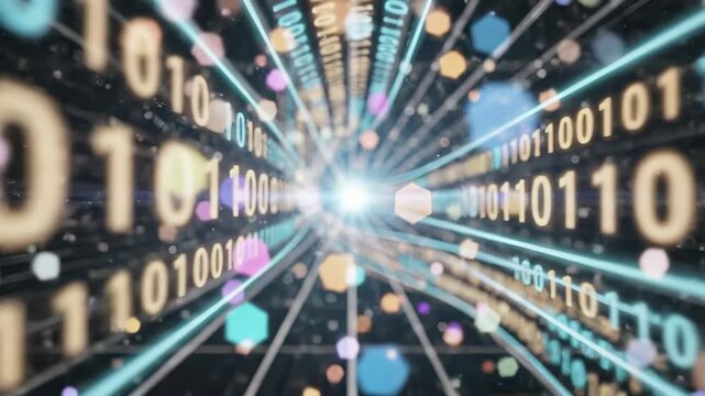 Binary code number stream flowing through digital data tunnel and particles. Transmission and cyber technology information flow. Abstract computing network and background visualization