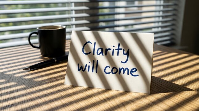 "Clarity will come" note on sun-striped table beside coffee showing handwritten affirmation aesthetic photography for patience and trust during uncertainty in bright daylight