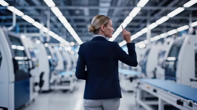 executive in suit walking through electronics manufacturing factory production line with machinery and conveyors. Industrial plant manager automated assembly operations. Corporate leadership