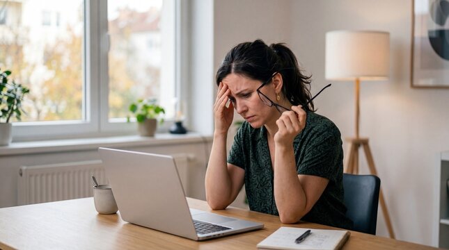 Woman experiencing stress while working on laptop at home desk with notebook and pen