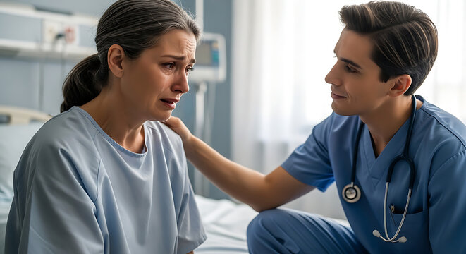 Nurse Comforting Sad Patient in Hospital Room