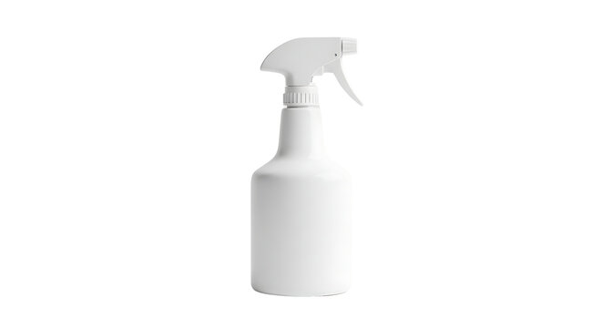 A plain white plastic spray bottle with a trigger top, isolated on transparent background