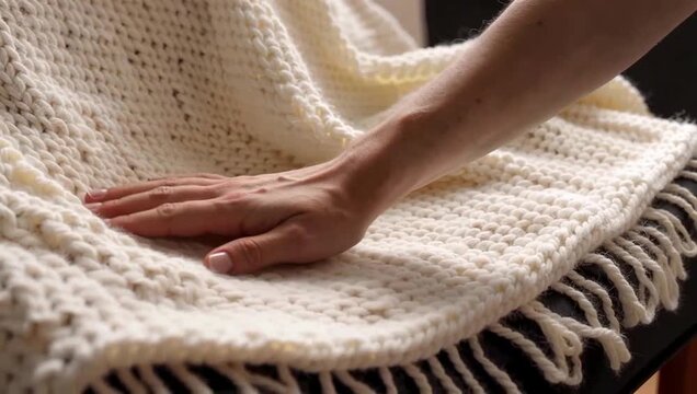 Close-up of a hand gently touching a cozy, hand-knitted cream-colored blanket with fringe.