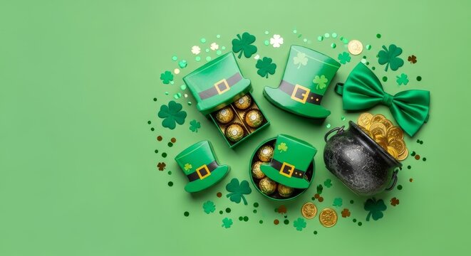 A festive flat lay arrangement of St. Patrick's Day elements on a vibrant green background, featuring leprechaun hats filled with chocolates, a pot of gold, a bow tie, and confetti.