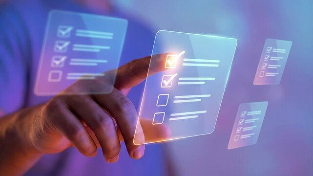 Finger touching glowing digital checklist with checkmark items. Task management and multi approval system. Business compliance verification and interactive completion technology