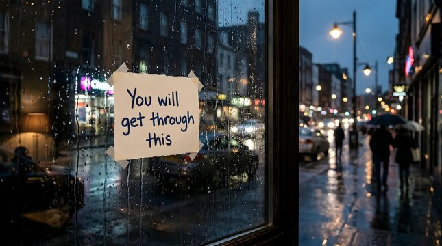 Rainy street view with "You will get through this" note on window showing handwritten affirmation aesthetic photography for resilience and emotional support in challenging moments