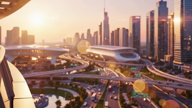 futuristic city skyline with complex highway interchange stadium and skyscrapers. urban infrastructure and smart transportation network. Metropolitan real estate development and landmark architecture