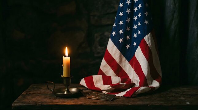 Memorial Day remembrance concept with burning candle and American flag in dark background 