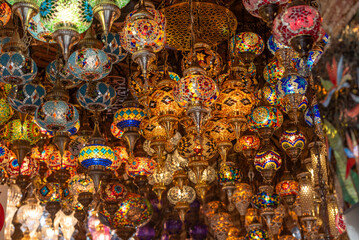 Fototapeta premium Colorful Traditional Turkish Mosaic Lanterns Hanging in Grand Bazaar Market 