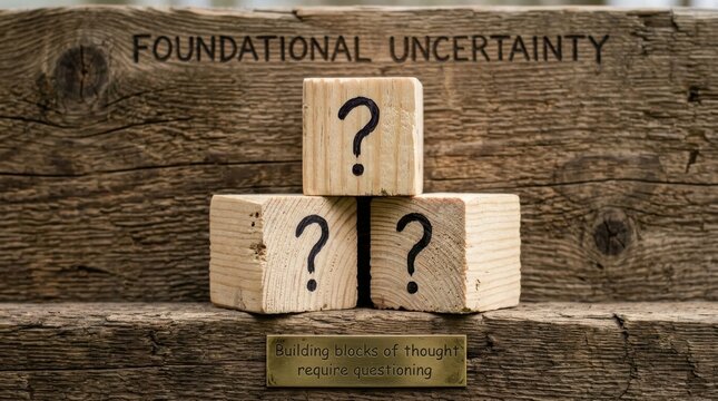Three wooden blocks with question marks representing foundational uncertainty and the need for questioning thoughts.