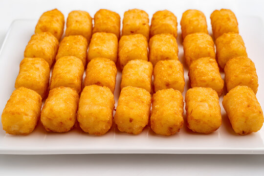 Mathematically Perfect 5x5 Grid of Twenty-Five Identical Potato Puffs on a White Plate