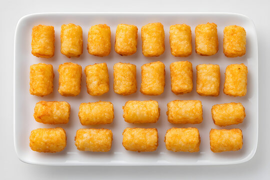 Perfectly Arranged 5x5 Grid of Twenty-Five Identical Crispy Golden Tater Tots on White Plate