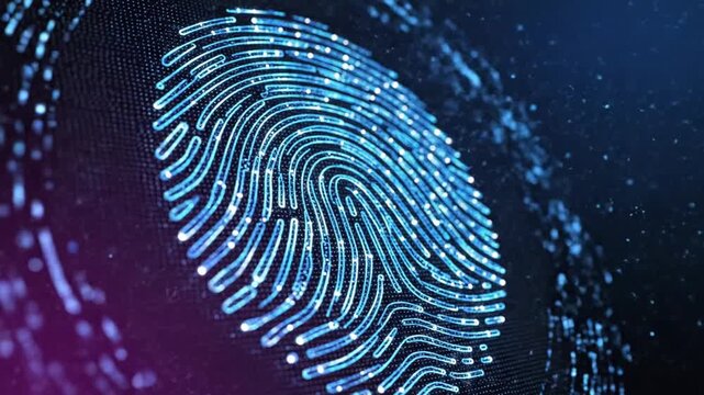 Digital fingerprint scan with glowing blue lines and laser light on dark futuristic background